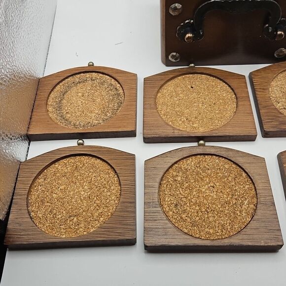 Vintage Mid-Century Modern Wooden Coaster Set of 8 with Holder Bronze Handle - Picture 6 of 16